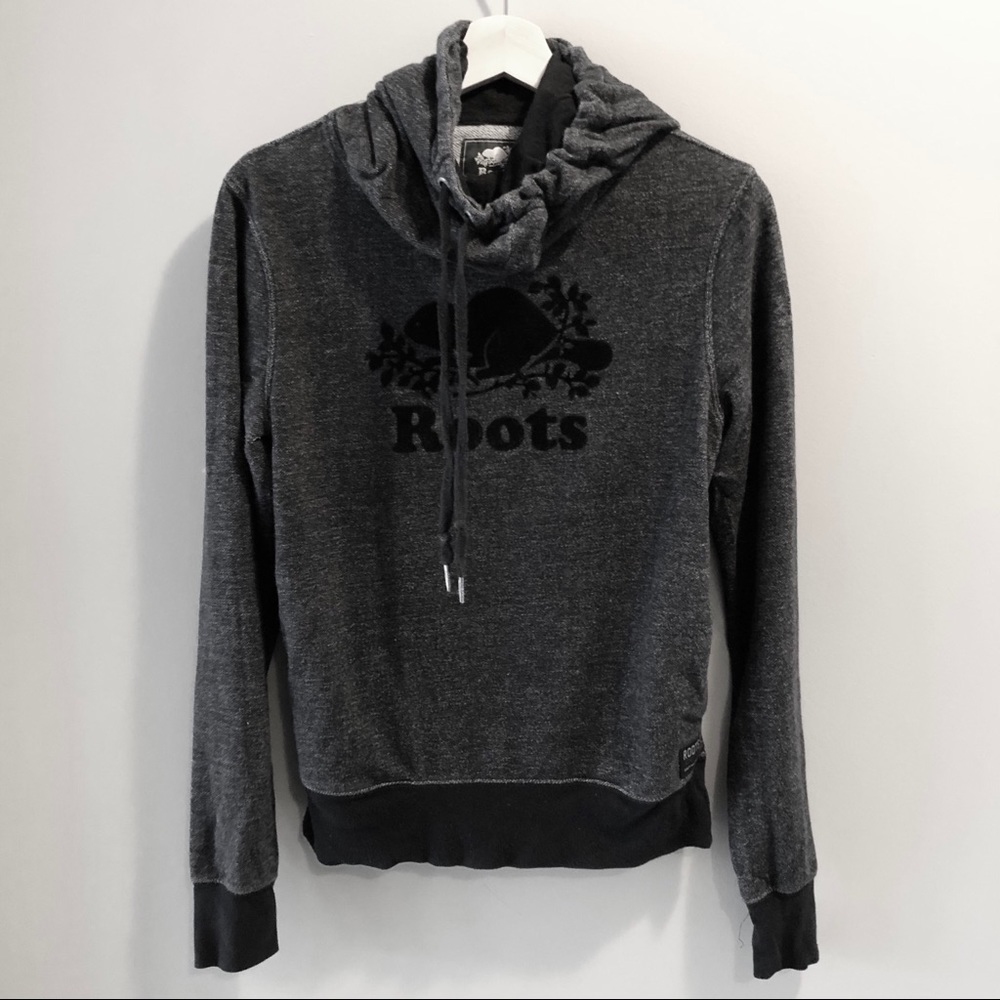 Roots Black Grey Hoodie Sweater Mock Neck Tie Cozy